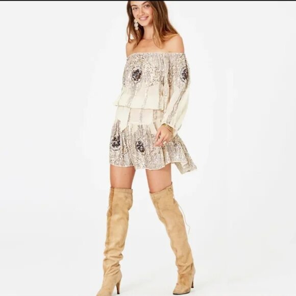 Jen's Pirate Booty Celestial Mini Dress Sequin Sparkle Ivory Tea Embroidered - Picture 3 of 13